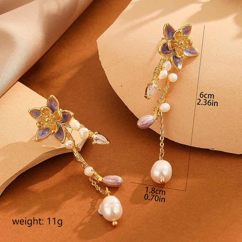 1 Pair Simple Style British Style Pentagram Flower Inlay Copper Crystal Freshwater Pearl Drop Earrings display picture 10