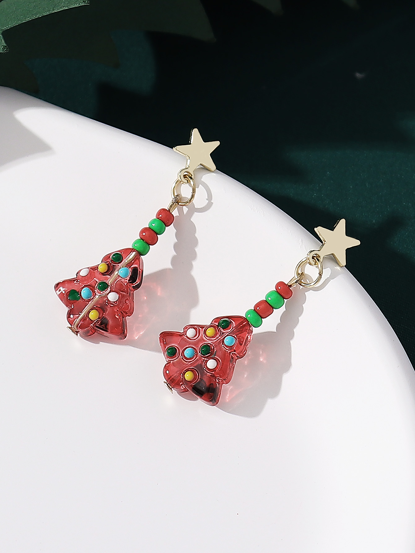 1 Pair Christmas Classic Style Christmas Tree Glass Drop Earrings display picture 2
