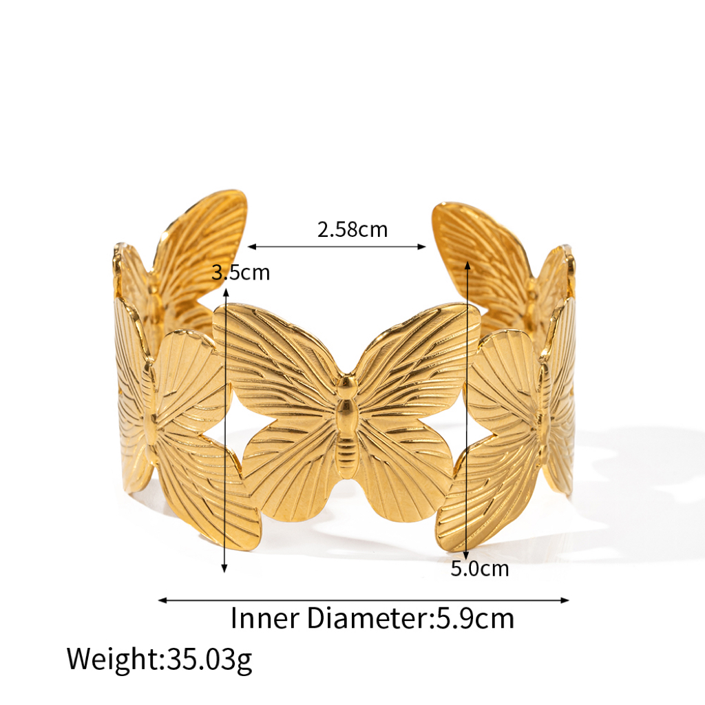 Vintage Style Leaves Flower Butterfly Stainless Steel Asymmetrical 16k Gold Plated Bangle display picture 2
