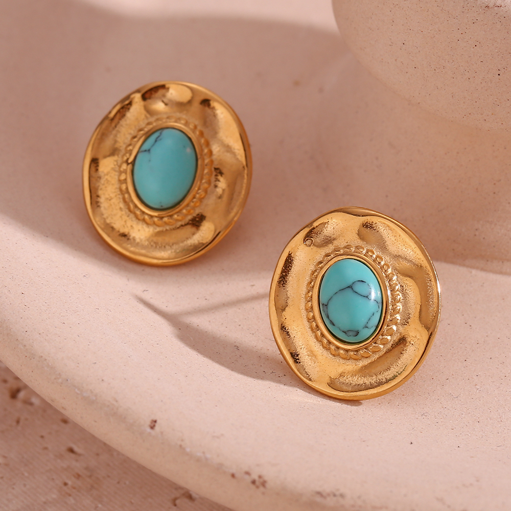 1 Pair Vintage Style Oval Plating Inlay Stainless Steel Turquoise 18k Gold Plated Ear Studs display picture 5