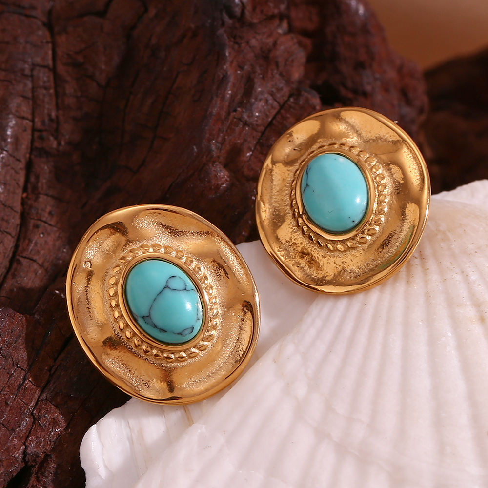 1 Pair Vintage Style Oval Plating Inlay Stainless Steel Turquoise 18k Gold Plated Ear Studs display picture 8