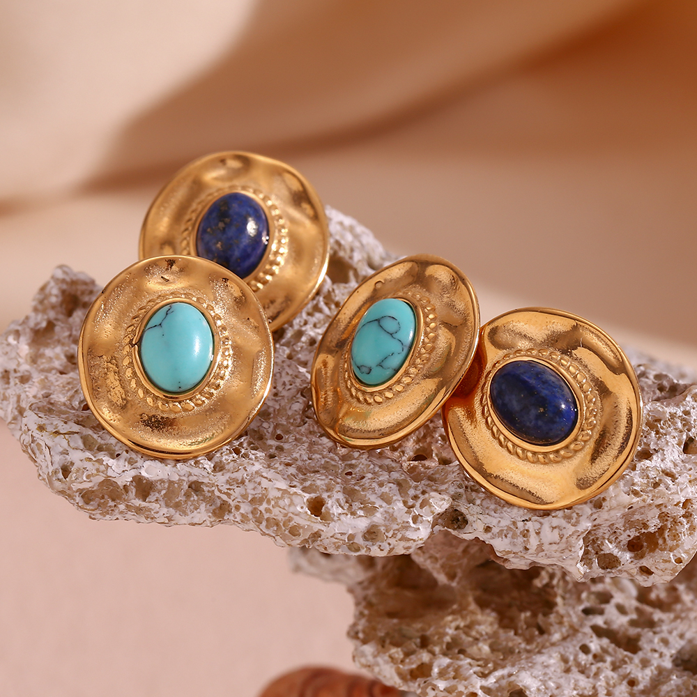 1 Paire Style Vintage Ovale Placage Incruster Acier Inoxydable Turquoise Plaqué Or 18k Boucles D'oreilles display picture 7