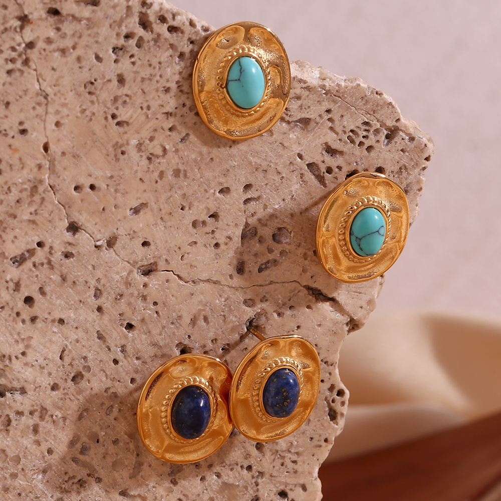 1 Paire Style Vintage Ovale Placage Incruster Acier Inoxydable Turquoise Plaqué Or 18k Boucles D'oreilles display picture 9