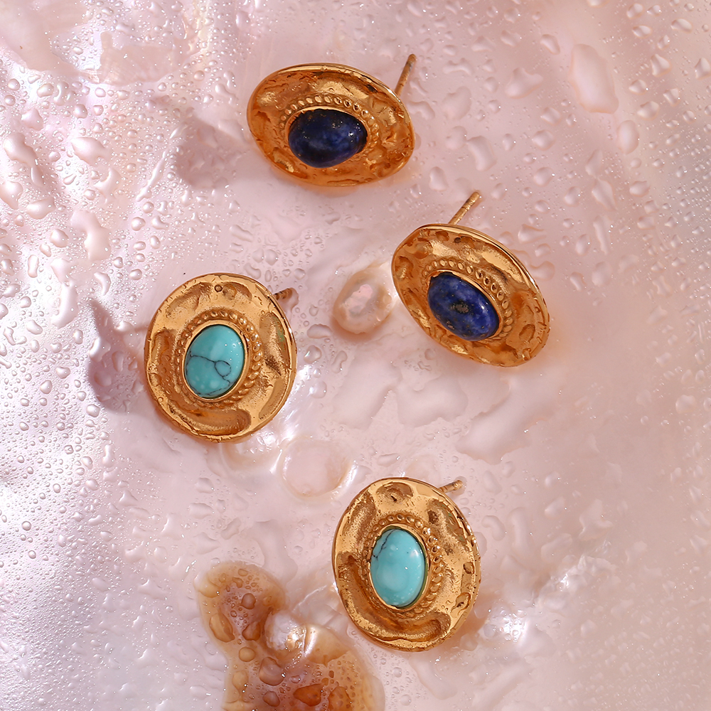 1 Paire Style Vintage Ovale Placage Incruster Acier Inoxydable Turquoise Plaqué Or 18k Boucles D'oreilles display picture 12