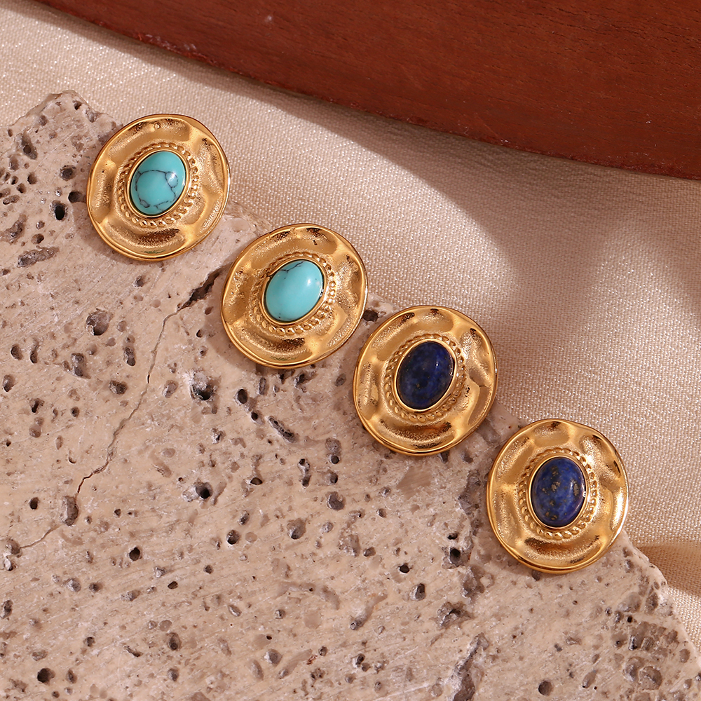 1 Pair Vintage Style Oval Plating Inlay Stainless Steel Turquoise 18k Gold Plated Ear Studs display picture 15