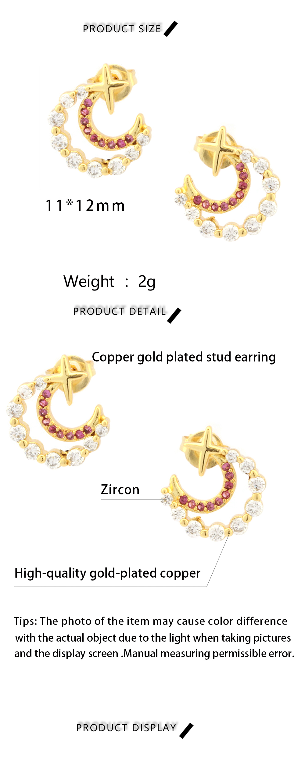 1 Pair Simple Style Moon Plating Inlay Copper Zircon 18k Gold Plated Ear Studs display picture 1