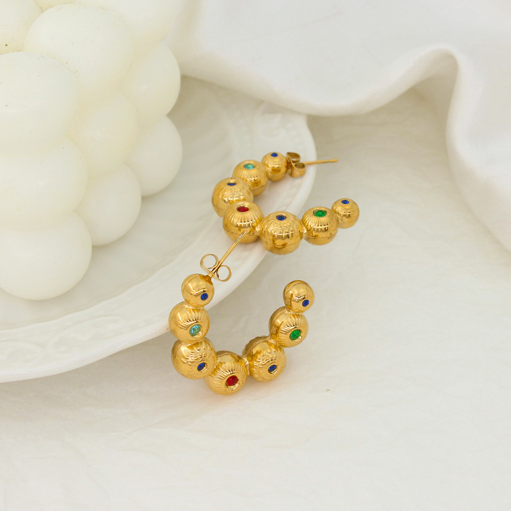 1 Pair Simple Style C Shape Plating Inlay 304 Stainless Steel Zircon 18K Gold Plated Ear Studs display picture 3