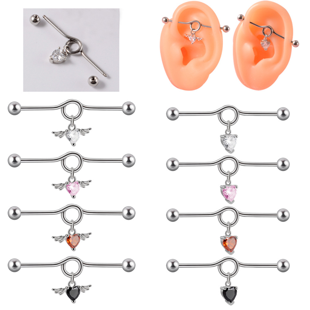 1 Piece Simple Style Heart Shape Wings Polishing Inlay Stainless Steel Zircon Ear Studs display picture 1