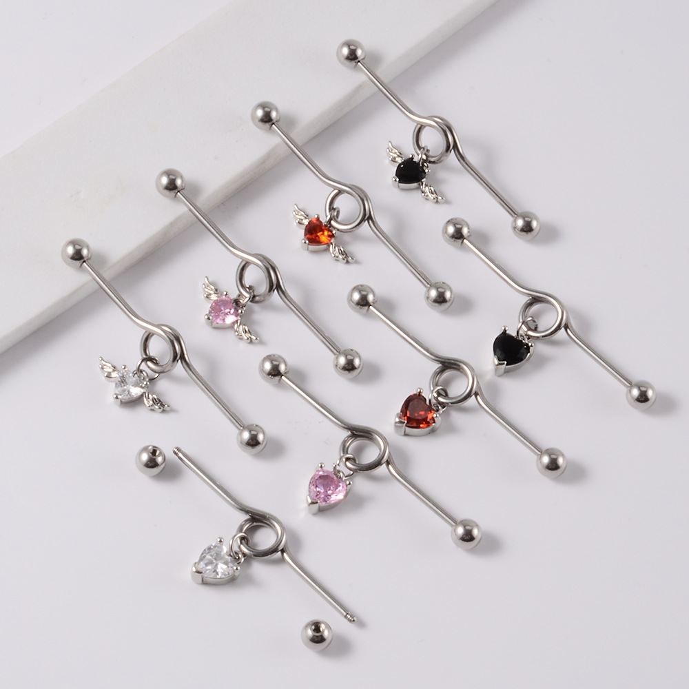 1 Piece Simple Style Heart Shape Wings Polishing Inlay Stainless Steel Zircon Ear Studs display picture 2