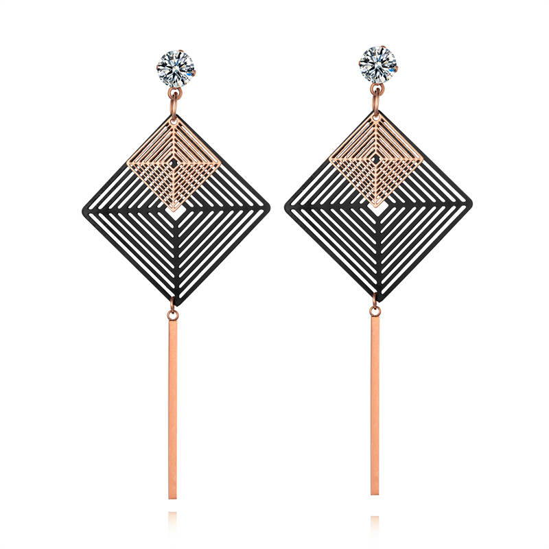 1 Pair Casual Simple Style Square Plating Inlay Stainless Steel Titanium Steel Rhinestones Rose Gold Plated Drop Earrings display picture 1