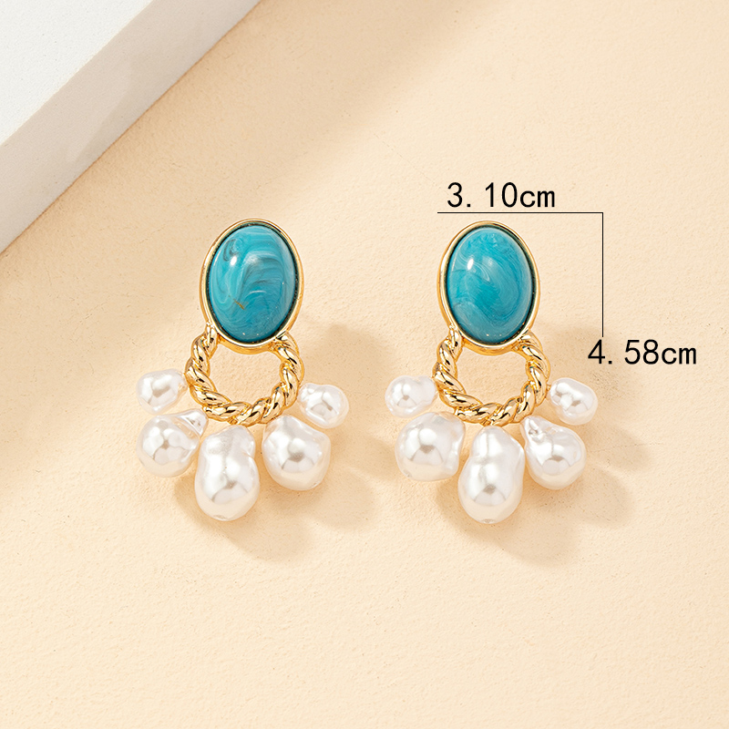 1 Pair Vintage Style Ethnic Style Round Inlay Alloy Artificial Gemstones Turquoise Drop Earrings display picture 2
