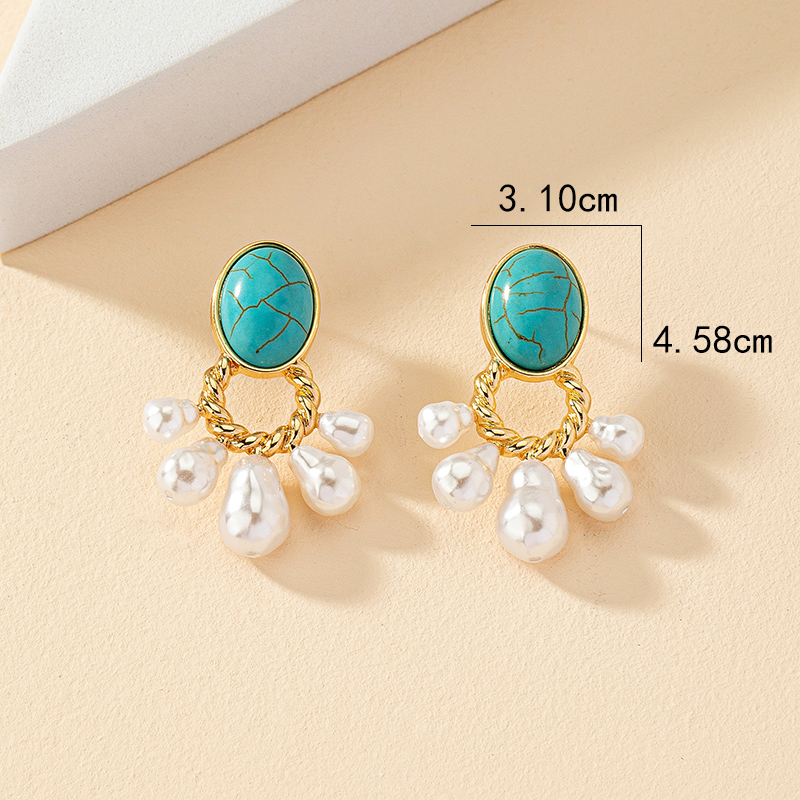 1 Pair Vintage Style Ethnic Style Round Inlay Alloy Artificial Gemstones Turquoise Drop Earrings display picture 6