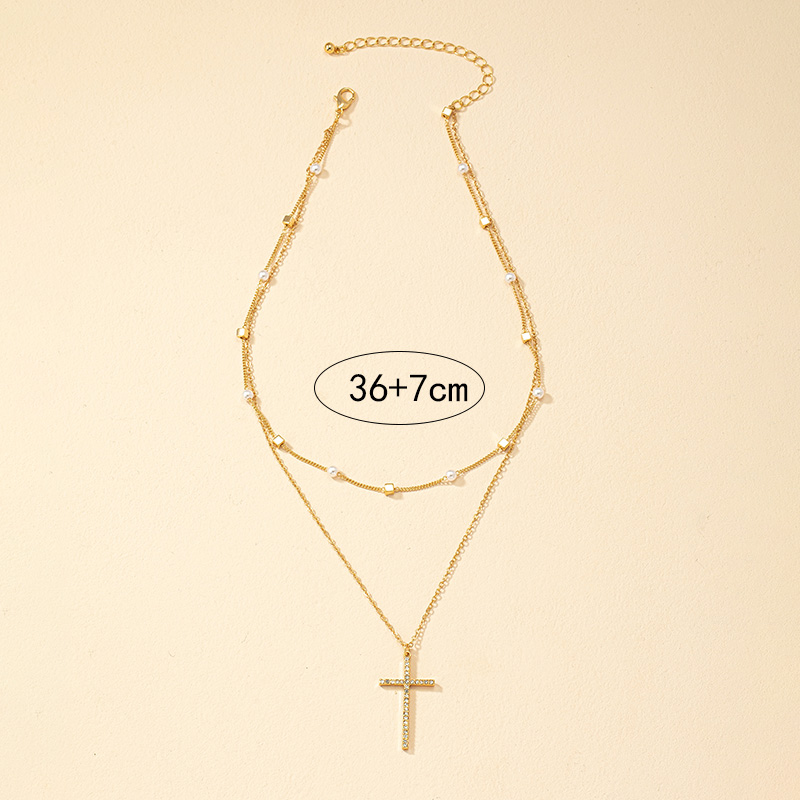 Simple Style Classic Style Cross Alloy Plating Inlay Artificial Rhinestones 14k Gold Plated Women's Double Layer Necklaces display picture 4