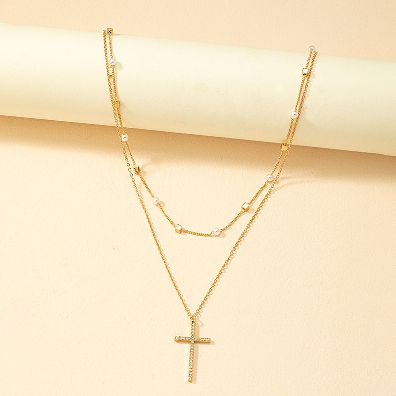 Simple Style Classic Style Cross Alloy Plating Inlay Artificial Rhinestones 14k Gold Plated Women's Double Layer Necklaces display picture 5