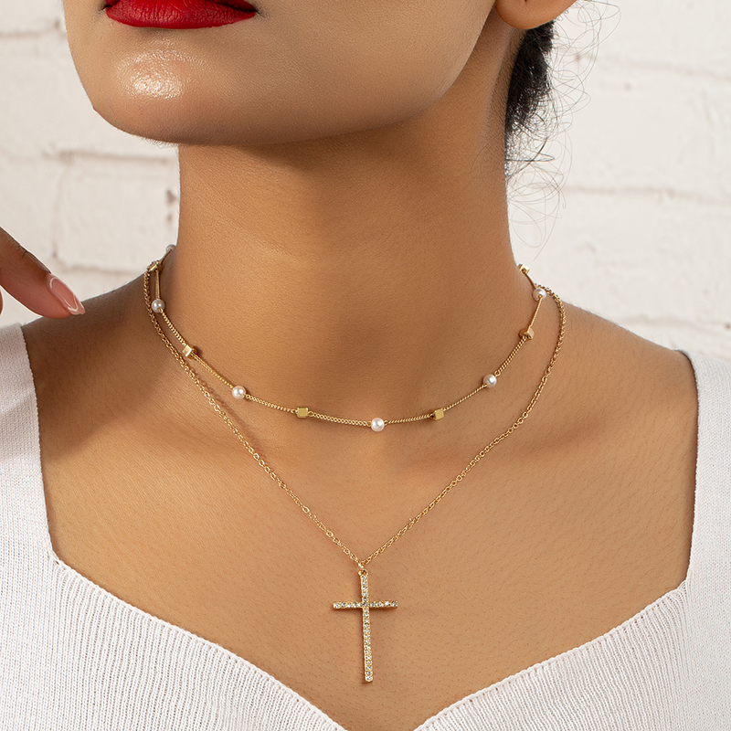 Simple Style Classic Style Cross Alloy Plating Inlay Artificial Rhinestones 14k Gold Plated Women's Double Layer Necklaces display picture 1