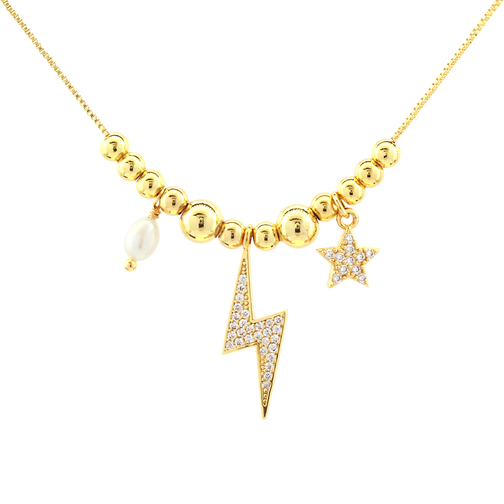 Retro Simple Style Pentagram Lightning Freshwater Pearl Copper Beaded Plating Inlay Zircon 18k Gold Plated Pendant Necklace display picture 8