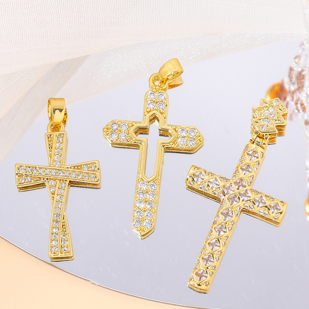 Classic Style Cross 18k Gold Plated White Gold Plated Zircon Copper Wholesale Charms display picture 6