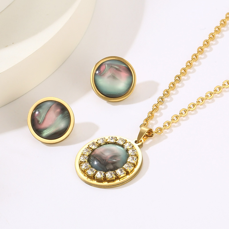 Stainless Steel 18K Gold Plated Casual Classical Simple Style Plating Inlay Round Oval Resin Rhinestones Earrings Necklace display picture 3