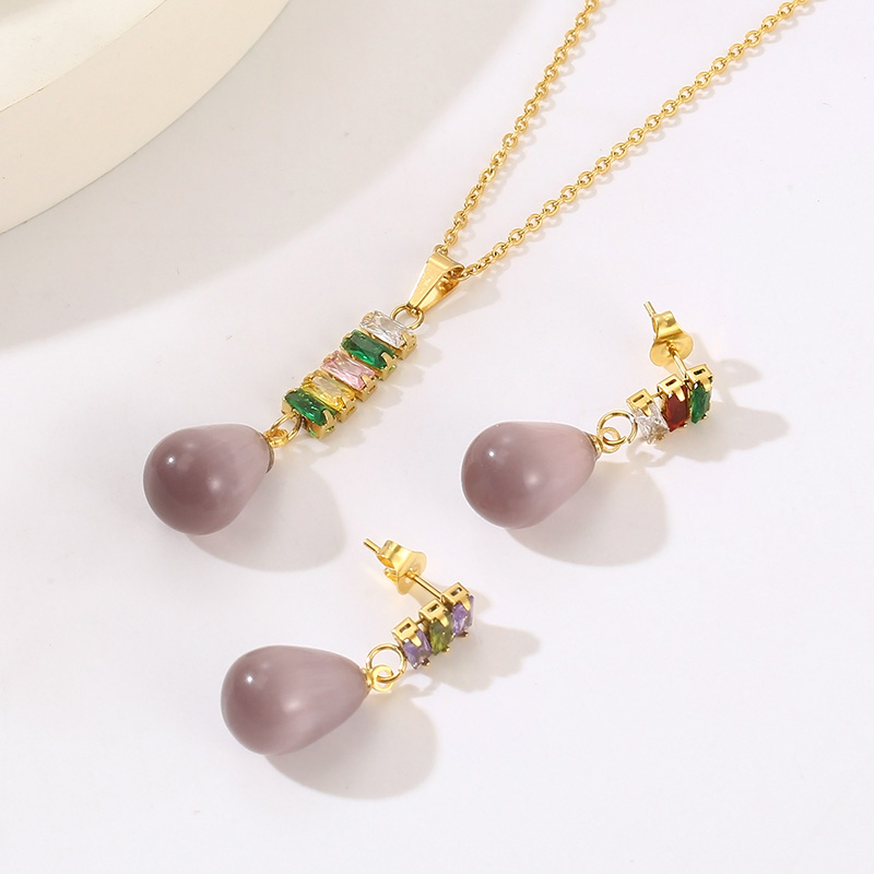 Stainless Steel 18K Gold Plated Casual Classical Simple Style Plating Inlay Round Oval Resin Rhinestones Earrings Necklace display picture 9