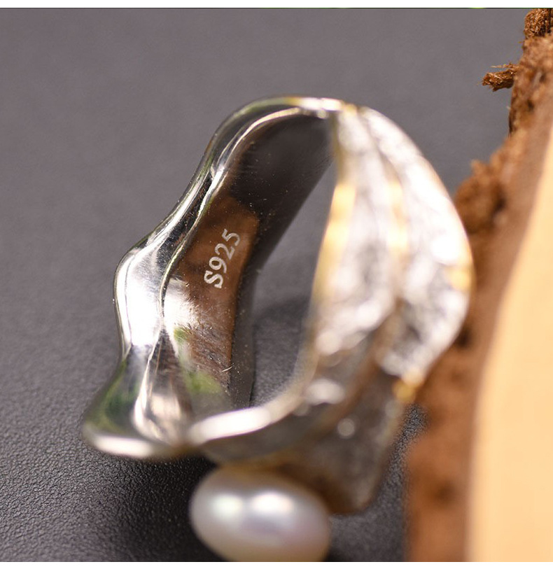 Elegant Vintage-stil Blatt Sterling Silber Überzug Inlay Süßwasserperle 18 Karat Vergoldet Offener Ring display picture 2
