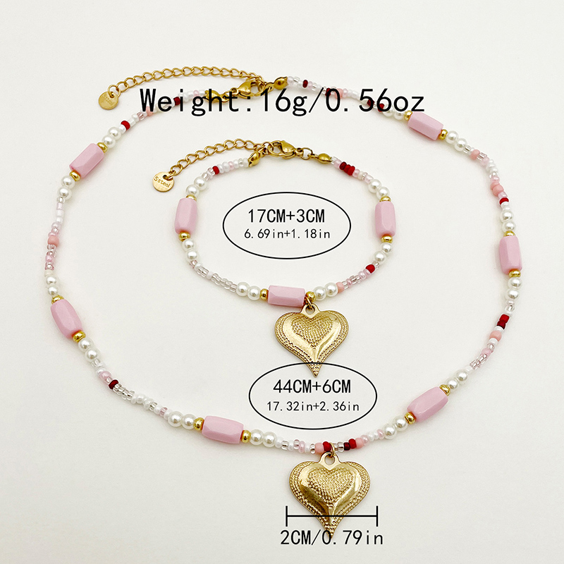 304 Stainless Steel Beaded Natural Stone Gold Plated Cute Sweet Beaded Plating Heart Shape Natural Stone Pearl Beads Bracelets Necklace display picture 3