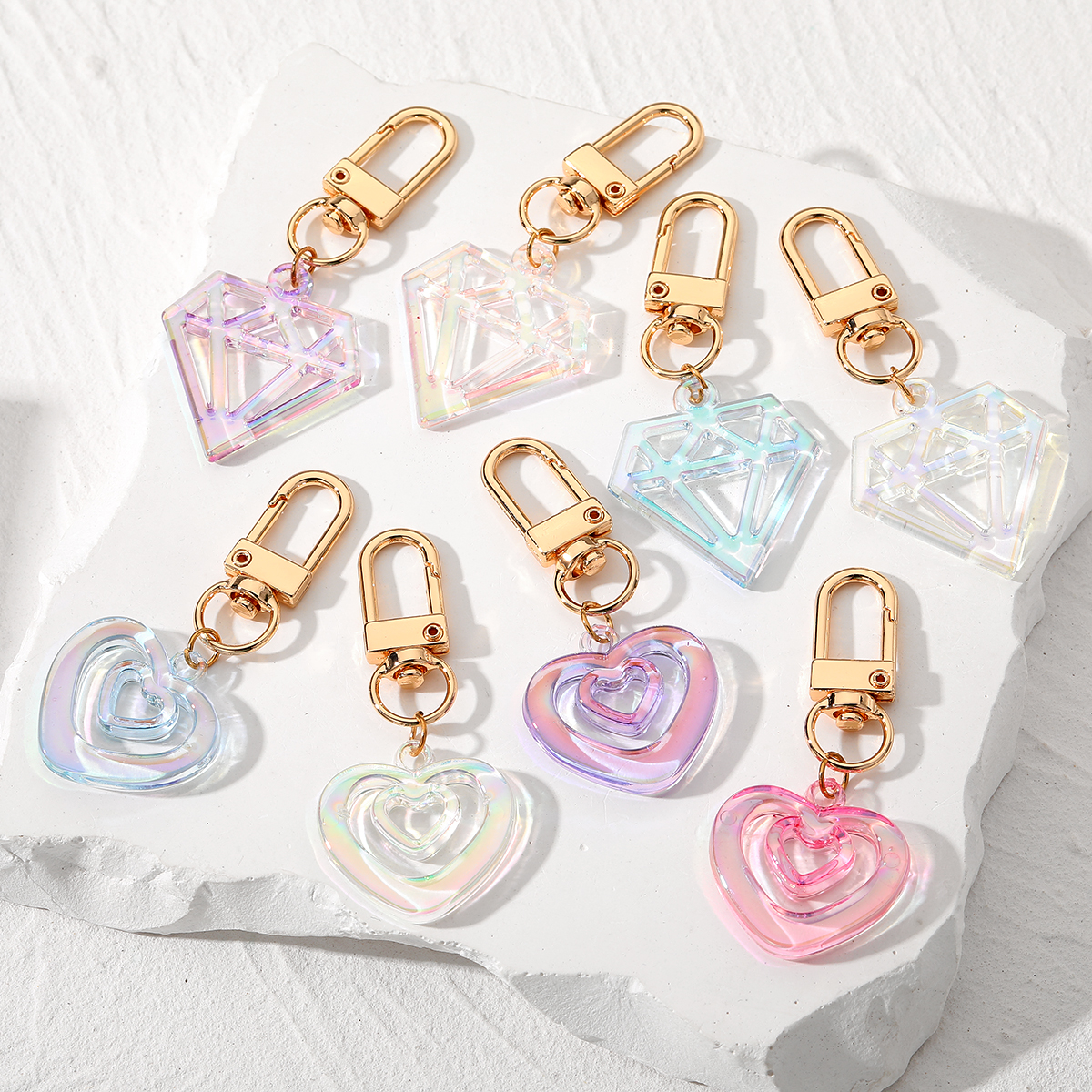 Cross-border Cute New Japanese And Korean Colorful Simple Heart Keychain Laser Translucent Acrylic Gem Shape Creative Bag Pendant display picture 5