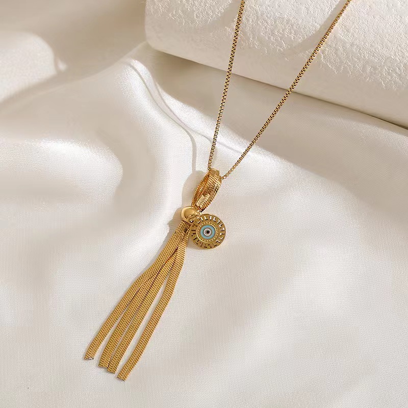 304 Stainless Steel 18K Gold Plated Roman Style Plating Inlay Devil'S Eye Tassel Artificial Rhinestones Pendant Necklace display picture 3
