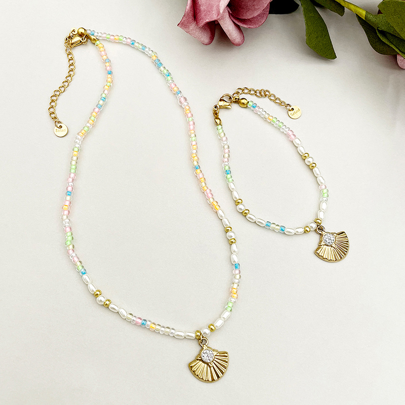 304 Stainless Steel Beaded Gold Plated Glam Commute Beaded Plating Multicolor Sector Crystal Rhinestones Beads Bracelets Necklace display picture 2