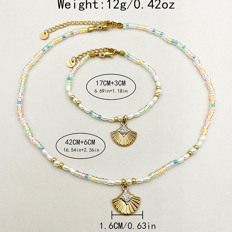 304 Stainless Steel Beaded Gold Plated Glam Commute Beaded Plating Multicolor Sector Crystal Rhinestones Beads Bracelets Necklace display picture 4