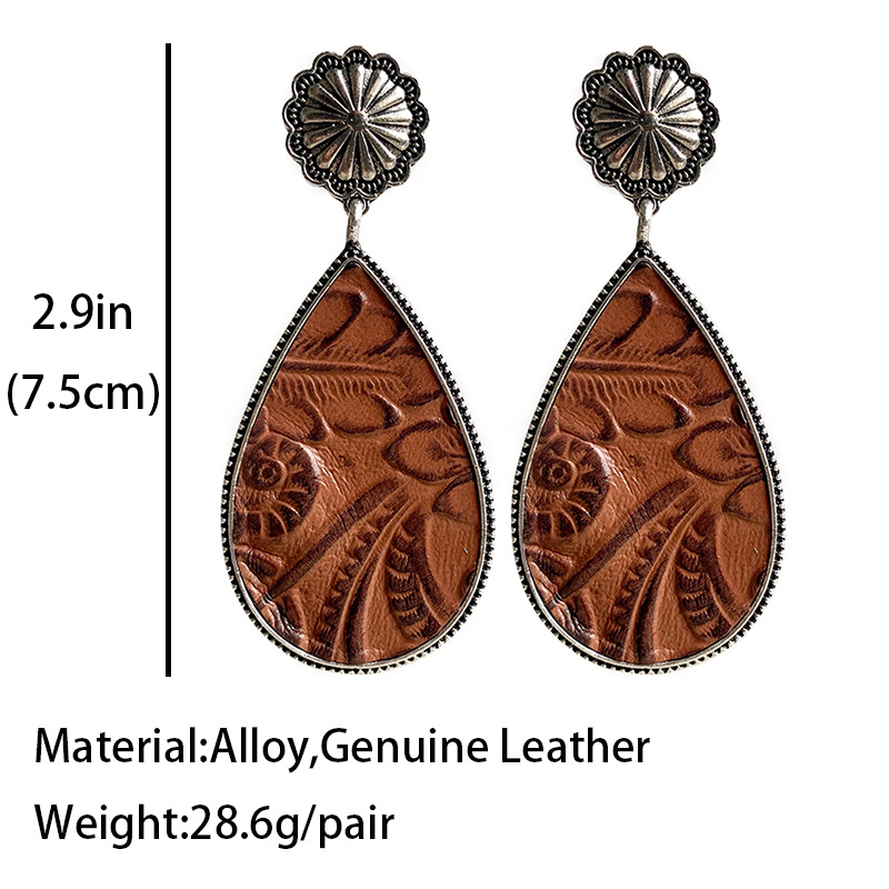 1 Pair Retro Flower Alloy Leather Drop Earrings display picture 1