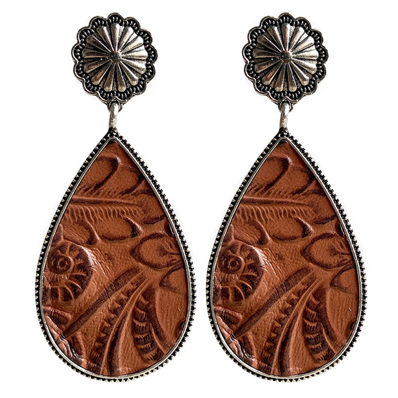 1 Pair Retro Flower Alloy Leather Drop Earrings display picture 6