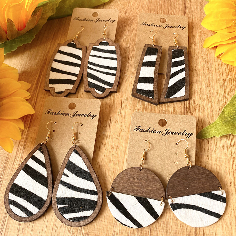1 Pair Cowboy Style Zebra Wood Leather Drop Earrings display picture 6