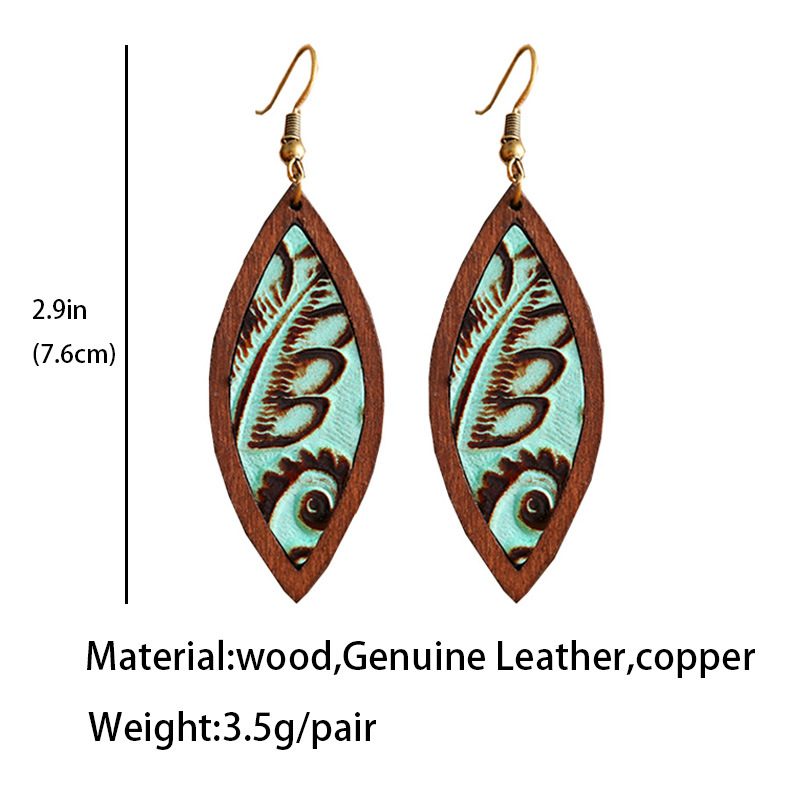 1 Pair Retro Fish Wood Leather Copper Drop Earrings display picture 1