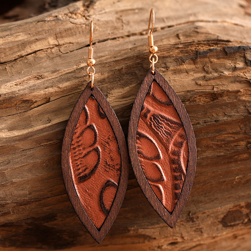 1 Pair Retro Fish Wood Leather Copper Drop Earrings display picture 8