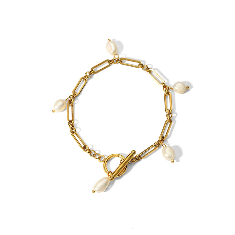 French Style Solid Color 201 Stainless Steel Freshwater Pearl 18K Gold Plated Bracelets In Bulk display picture 1