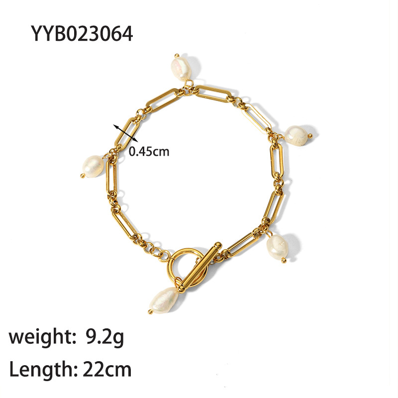 French Style Solid Color 201 Stainless Steel Freshwater Pearl 18K Gold Plated Bracelets In Bulk display picture 6