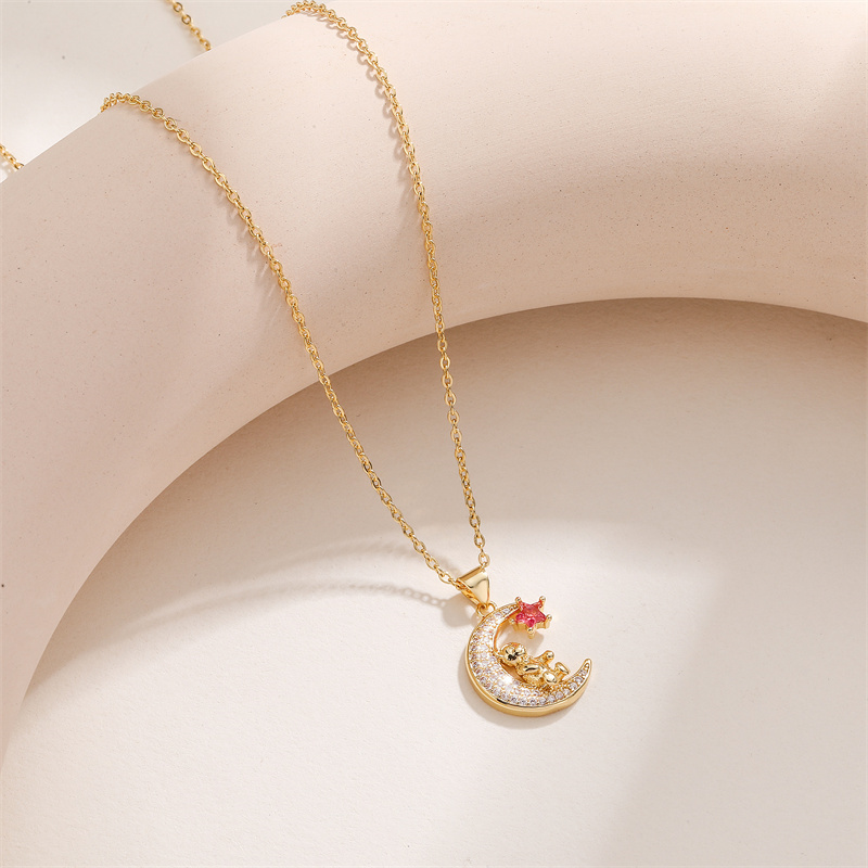 Ig Style Simple Style Little Bear Star Moon Copper Plating Inlay Zircon Gold Plated Pendant Necklace display picture 6