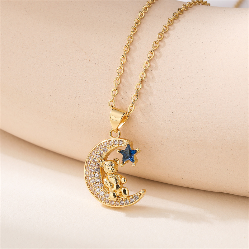 Ig Style Simple Style Little Bear Star Moon Copper Plating Inlay Zircon Gold Plated Pendant Necklace display picture 11