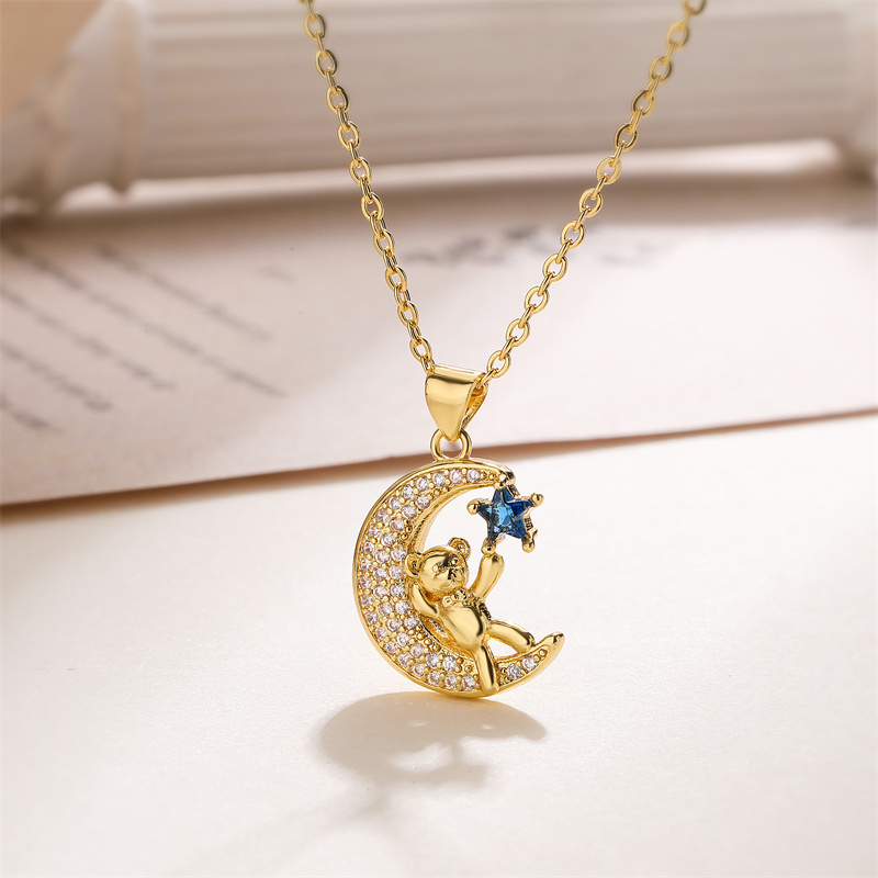 Ig Style Simple Style Little Bear Star Moon Copper Plating Inlay Zircon Gold Plated Pendant Necklace display picture 3