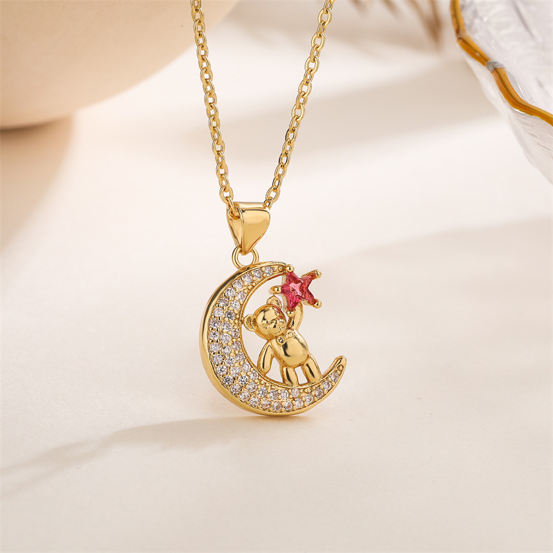 Ig Style Simple Style Little Bear Star Moon Copper Plating Inlay Zircon Gold Plated Pendant Necklace display picture 4