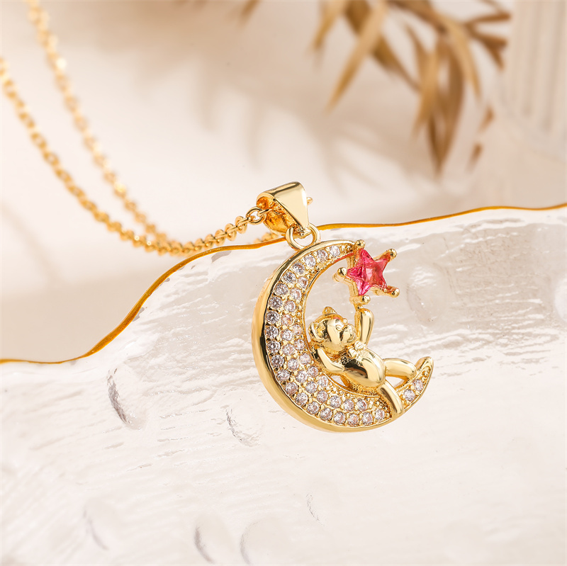 Ig Style Simple Style Little Bear Star Moon Copper Plating Inlay Zircon Gold Plated Pendant Necklace display picture 5