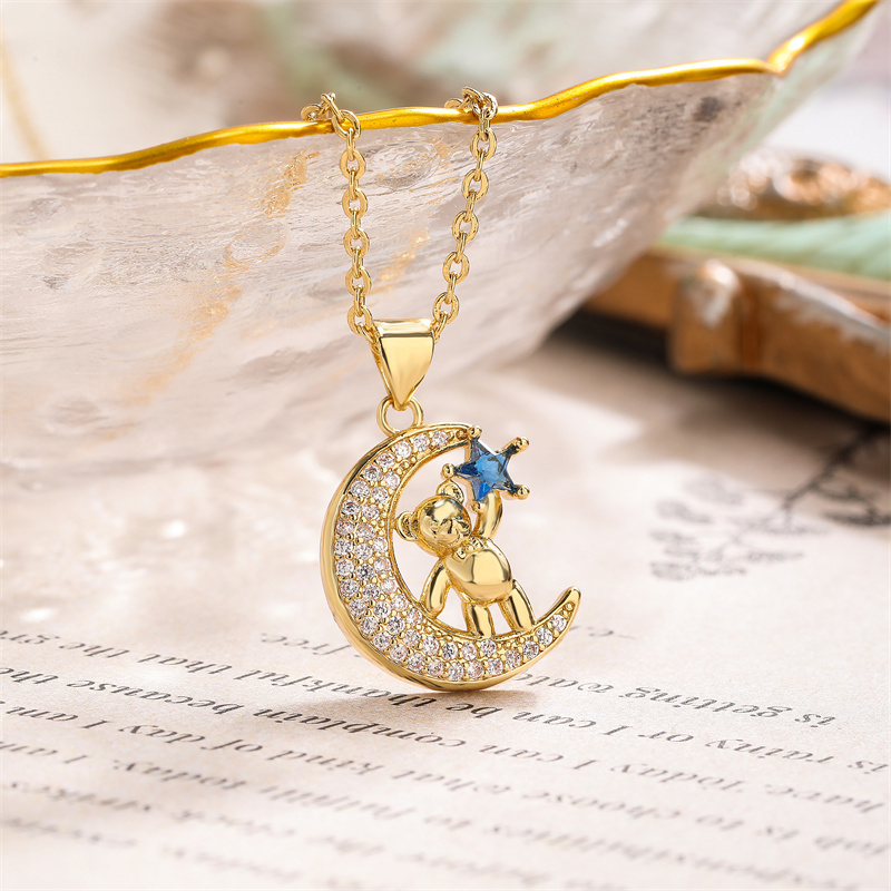 Ig Style Simple Style Little Bear Star Moon Copper Plating Inlay Zircon Gold Plated Pendant Necklace display picture 8