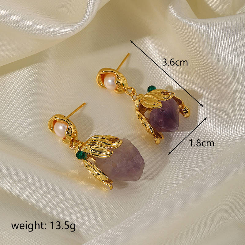 1 Pair Sweet Flower Plating Inlay Copper Imitation Pearl Amethyst 14k Gold Plated Drop Earrings display picture 2