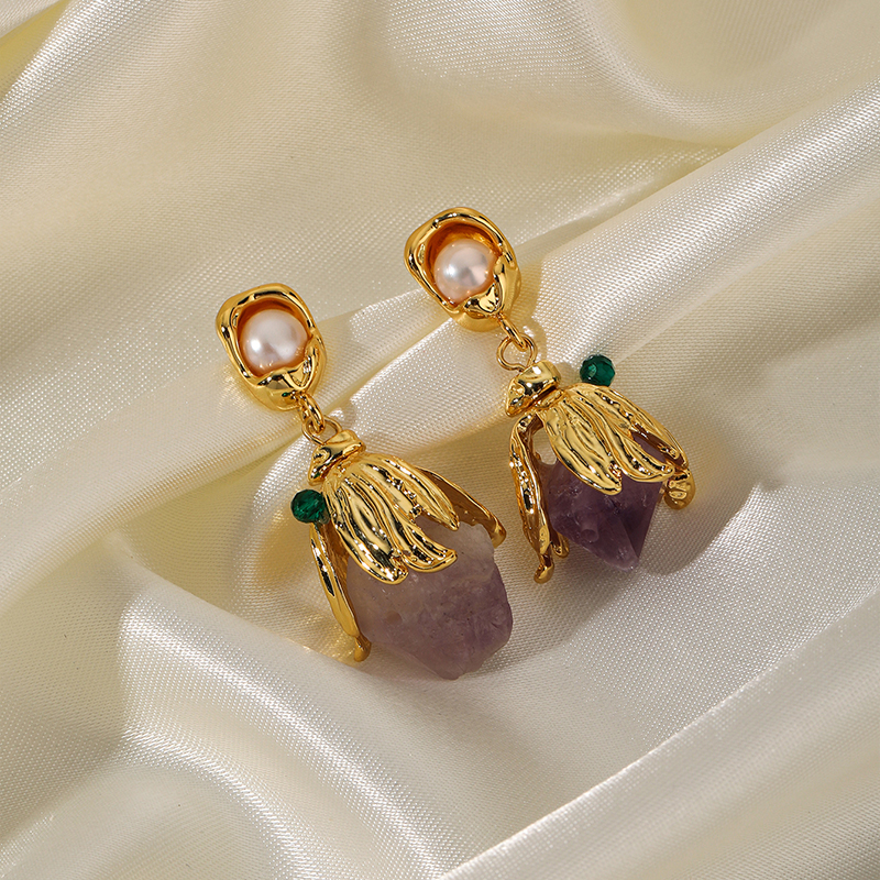 1 Pair Sweet Flower Plating Inlay Copper Imitation Pearl Amethyst 14k Gold Plated Drop Earrings display picture 4