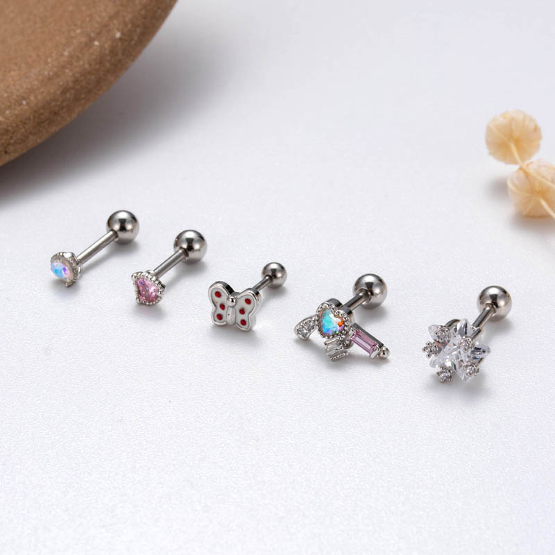 1 Piece Lady Classic Style Heart Shape Flower Butterfly Plating Inlay Copper Zircon Ear Studs Cartilage Earrings display picture 3