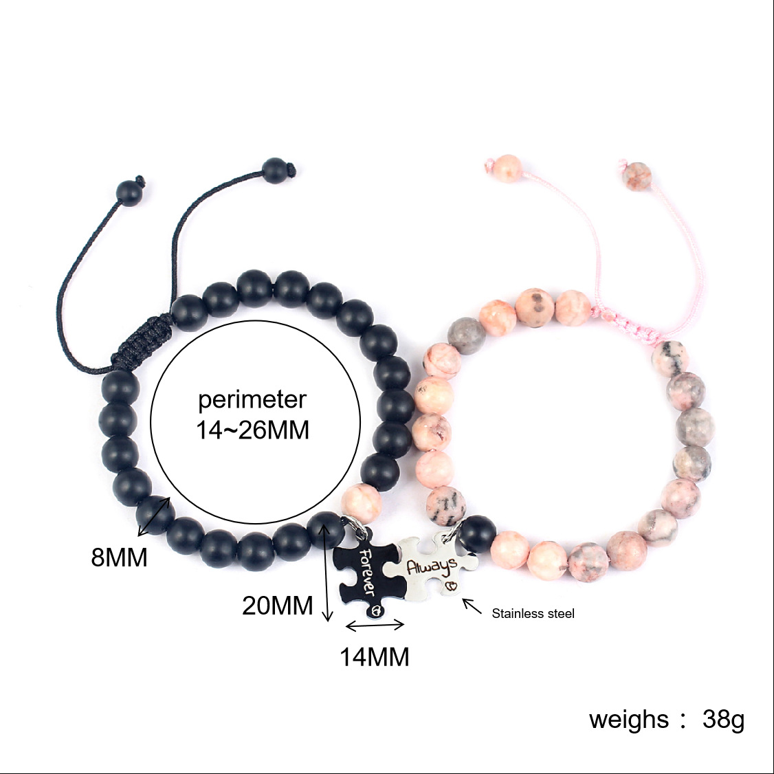 Casual Letter Jigsaw Stainless Steel Natural Stone Beaded Handmade Couple Bracelets display picture 2