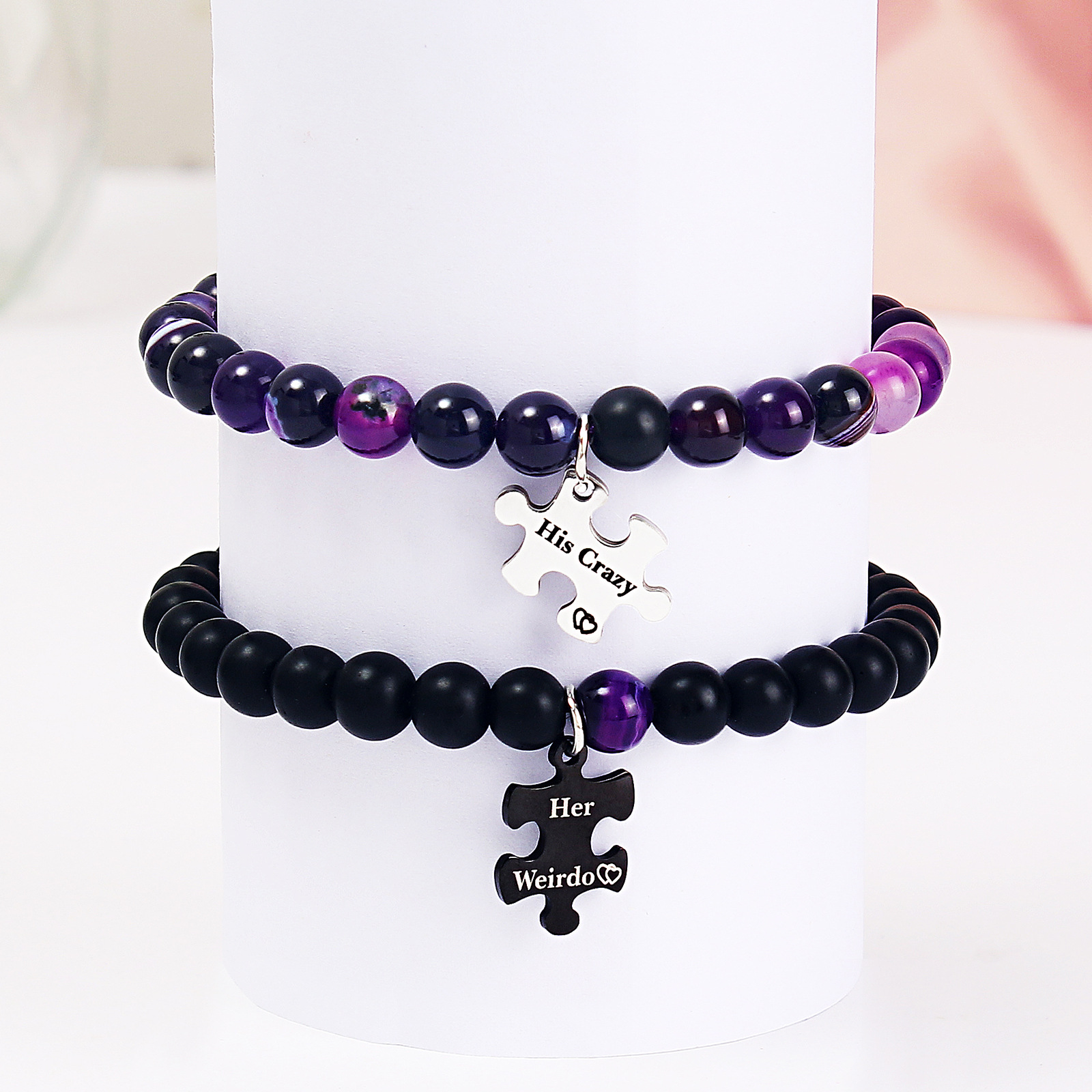 Casual Letter Jigsaw Stainless Steel Natural Stone Beaded Handmade Couple Bracelets display picture 6