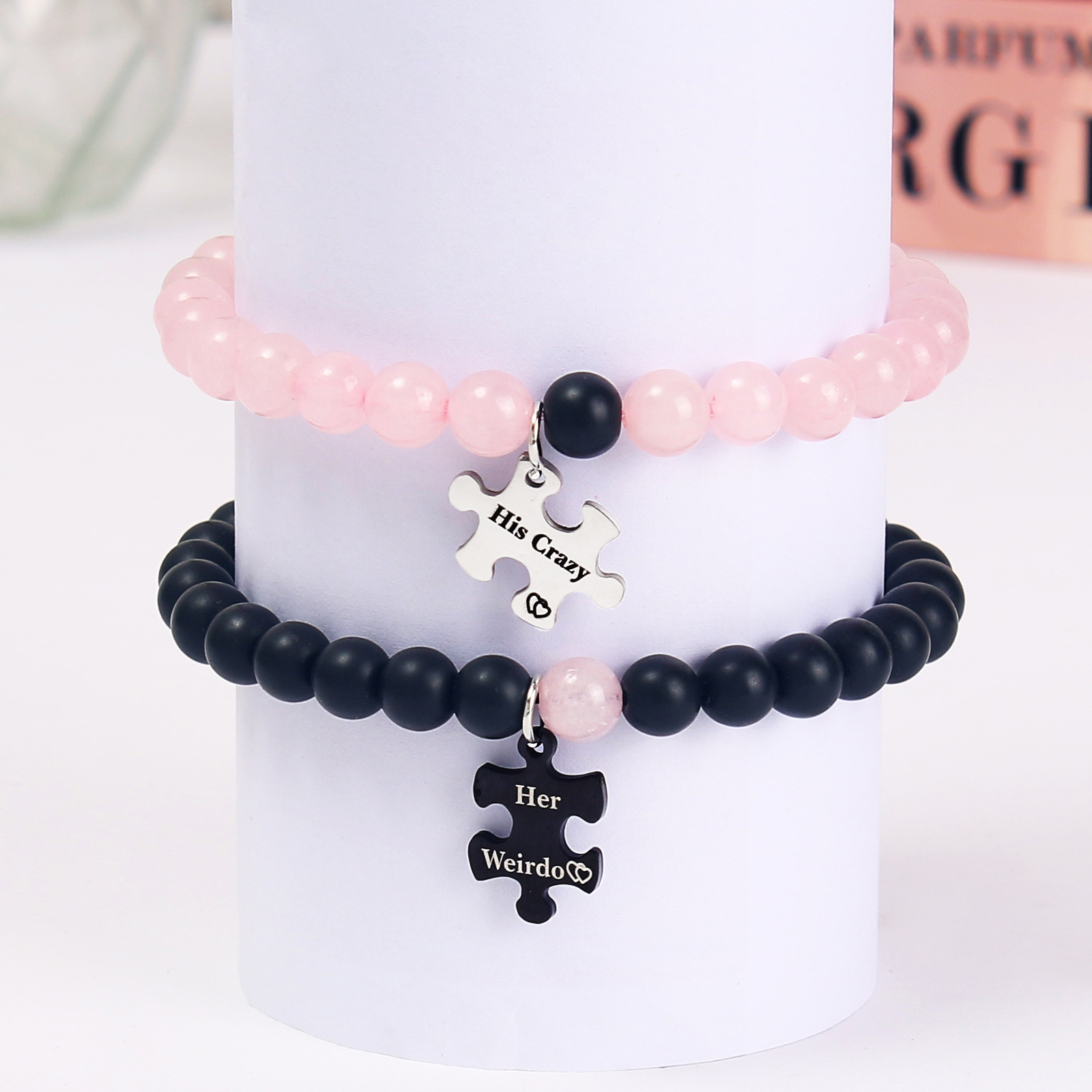 Casual Letter Jigsaw Stainless Steel Natural Stone Beaded Handmade Couple Bracelets display picture 7