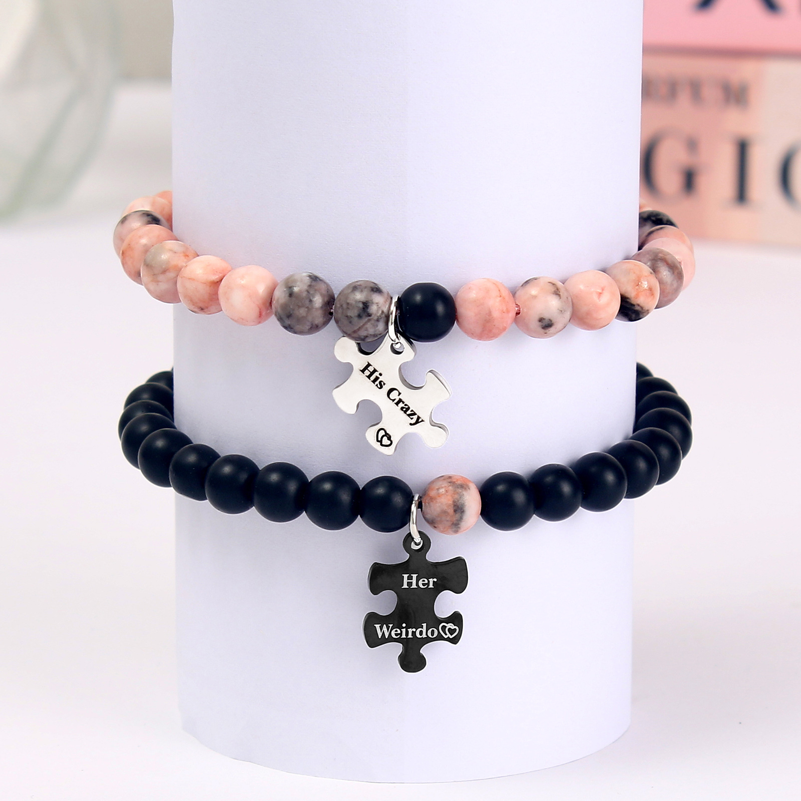 Casual Letter Jigsaw Stainless Steel Natural Stone Beaded Handmade Couple Bracelets display picture 8