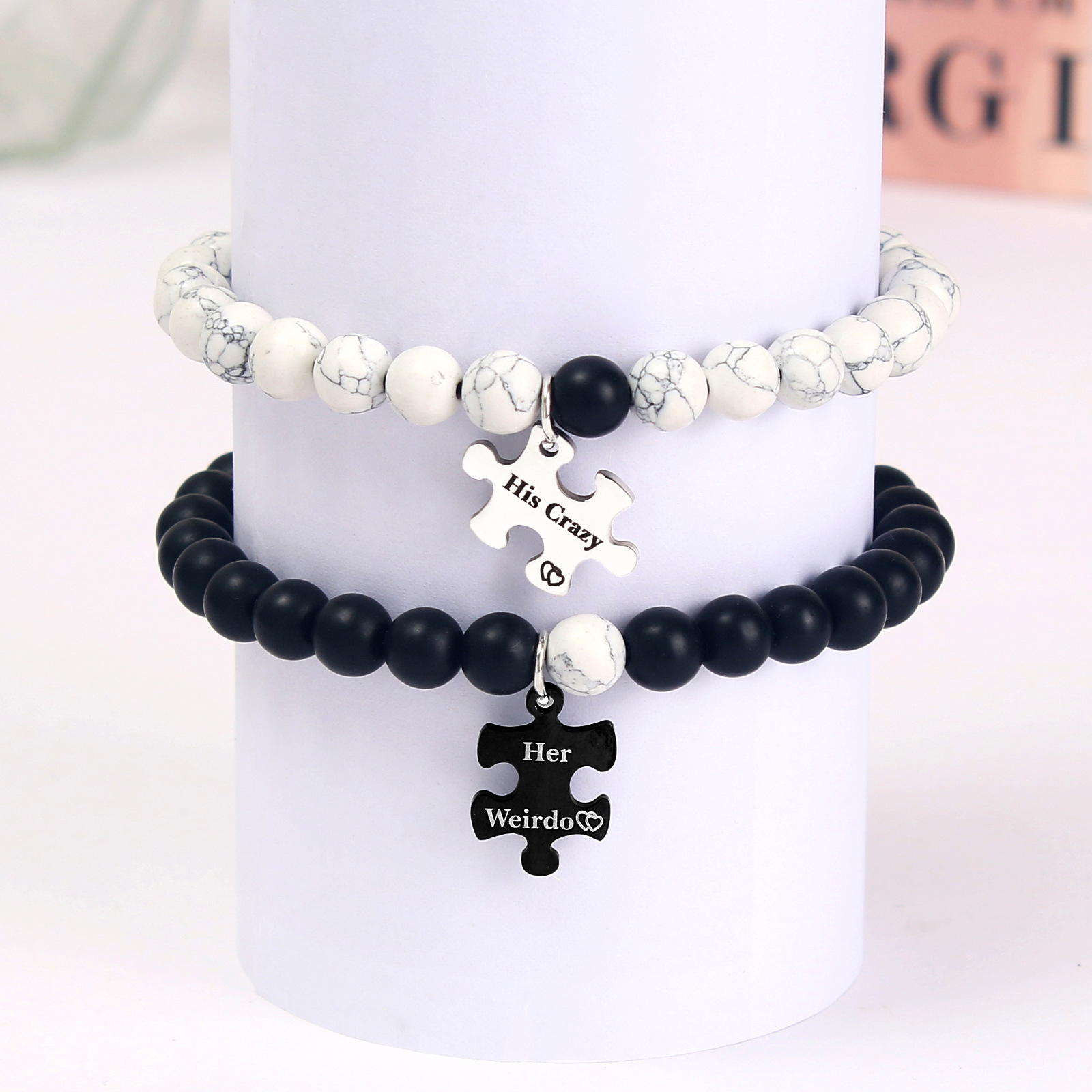 Casual Letter Jigsaw Stainless Steel Natural Stone Beaded Handmade Couple Bracelets display picture 9